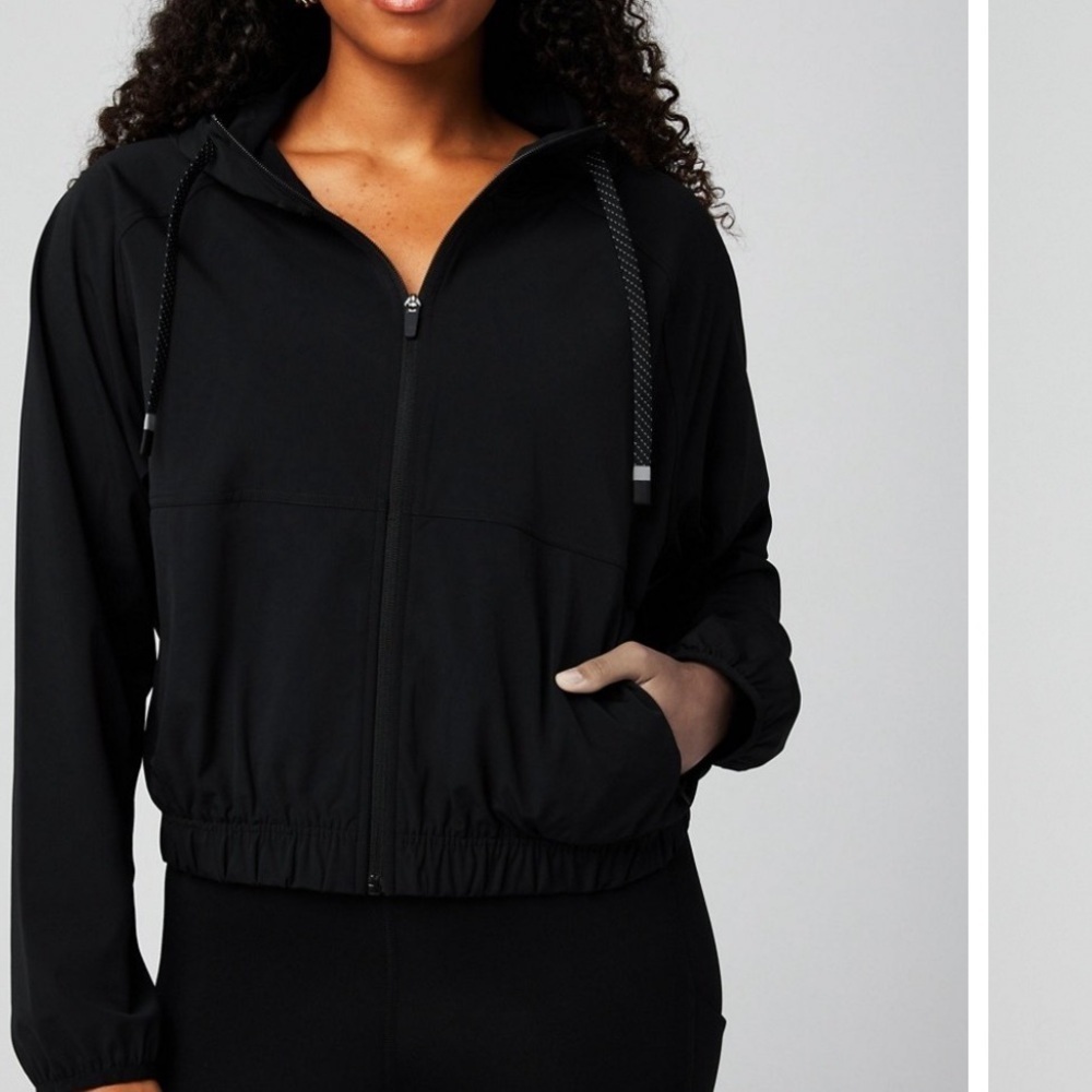 Fabletics Black Hooded Bomber Jacket Pockets L